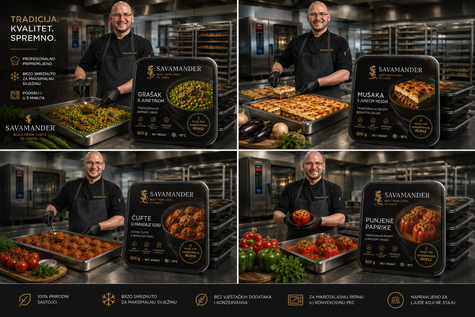 savamander branded 500 g meal trays with chef-prepared moussaka, meatballs, stuffed peppers and peas with beef