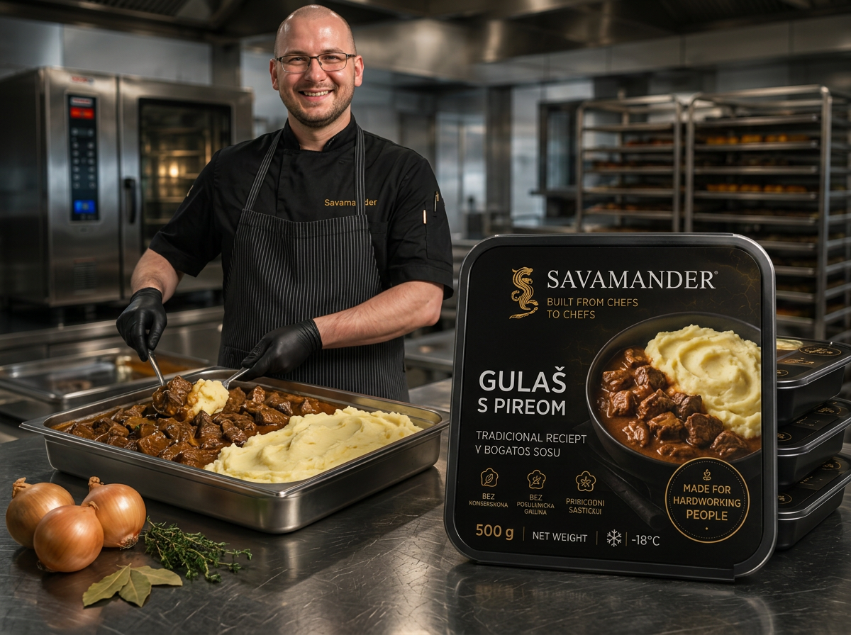 savamander branded 500 g tray of beef goulash with mashed potatoes beside a chef in a commercial kitchen