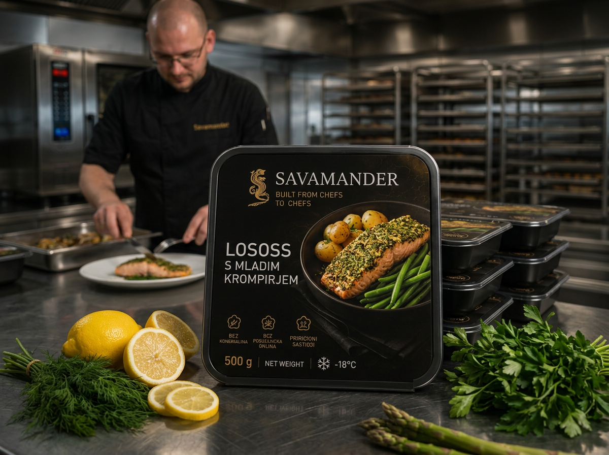 savamander branded 500 g tray of herb-crusted salmon with baby potatoes and green beans in a commercial kitchen