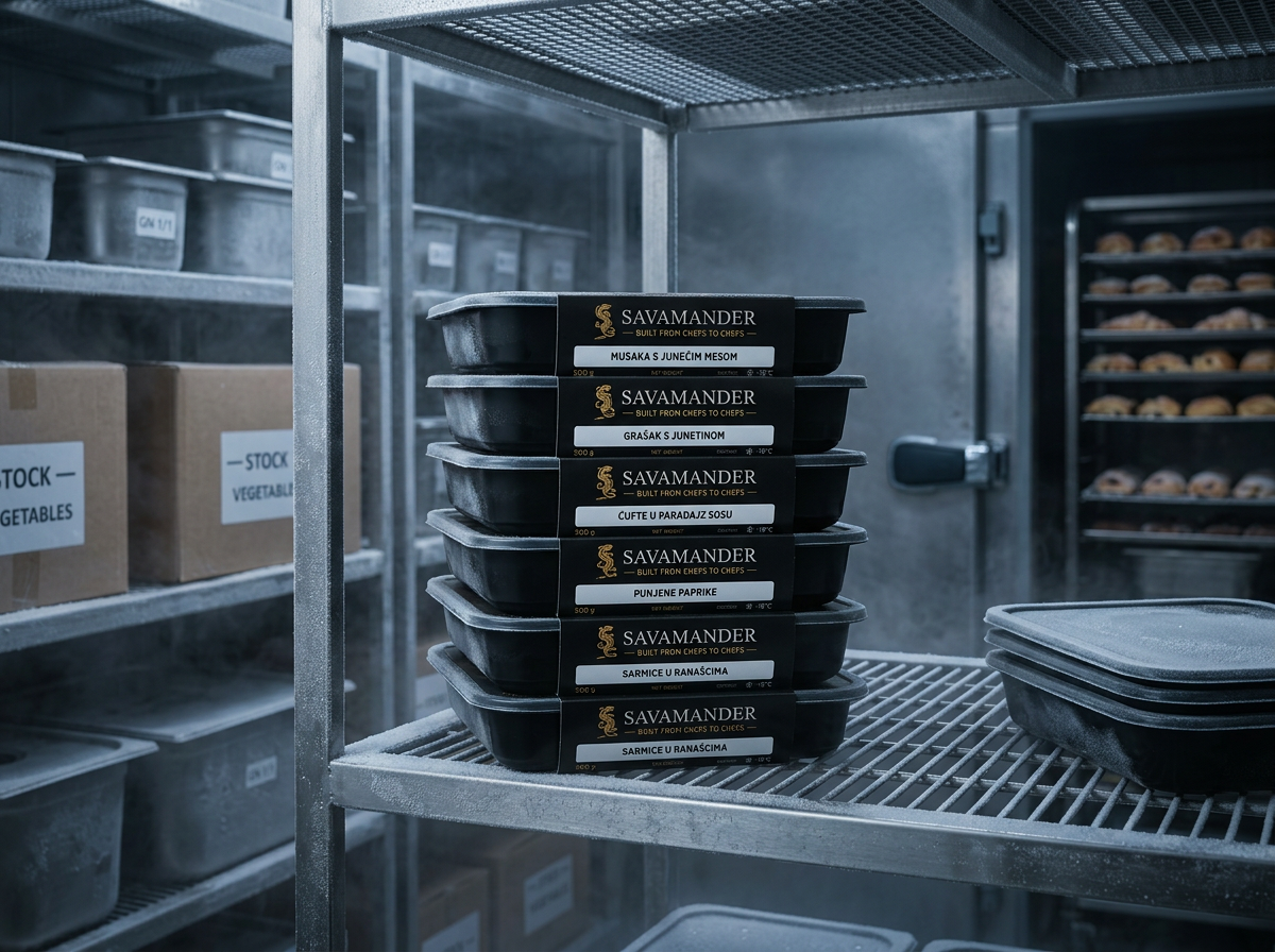 Stacked savamander branded meal trays and labelled GN 1/1 containers in professional freezer storage