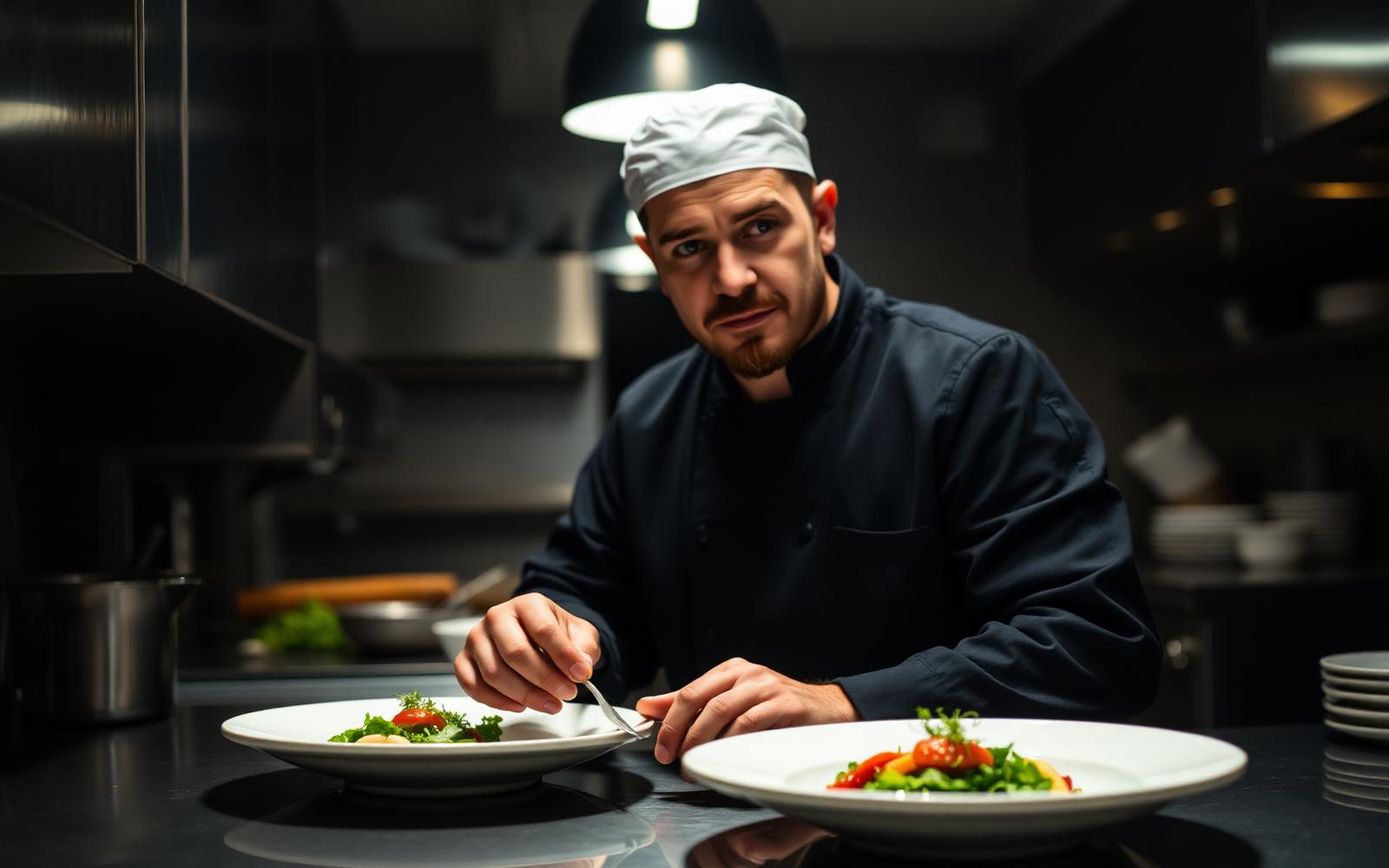 Editorial illustration of a chef plating in a professional kitchen at night