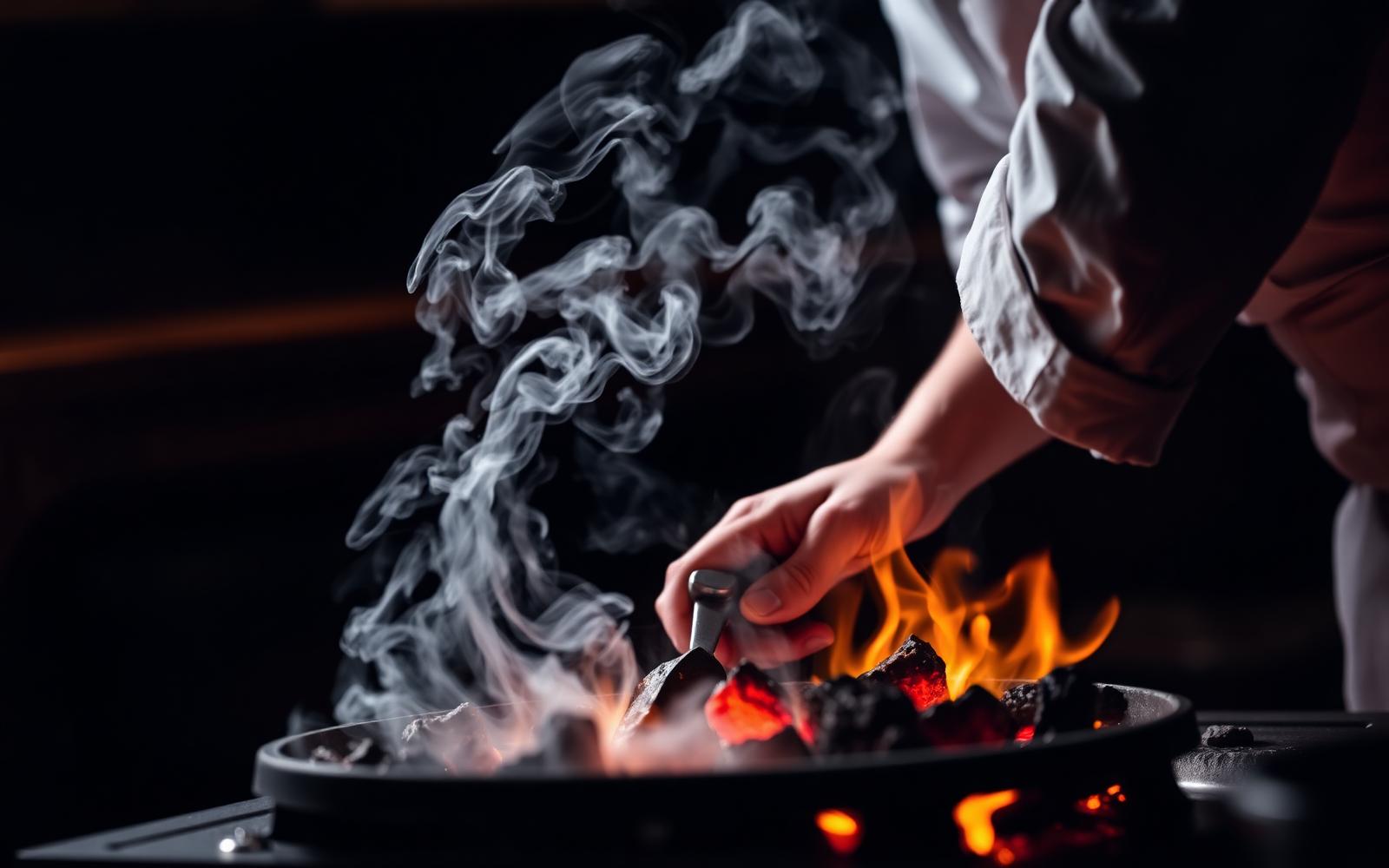 Chef cooking over live fire and embers