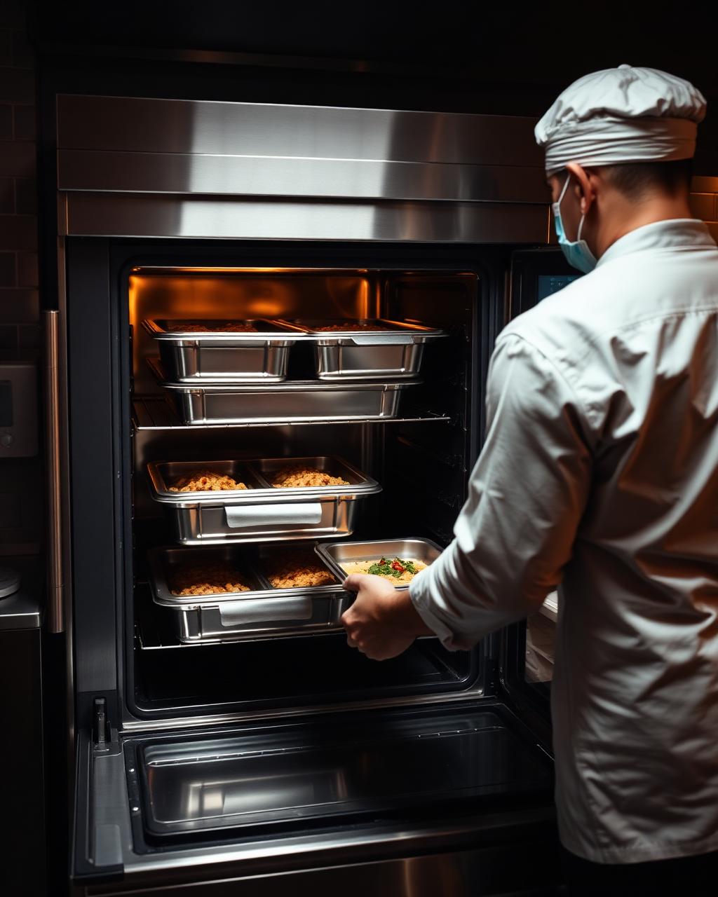 Chef placing GN 1/1 containers into a professional combi oven