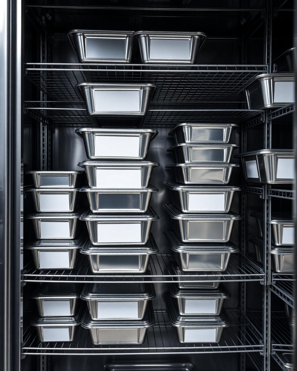 Labelled GN 1/1 containers stacked in a professional freezer