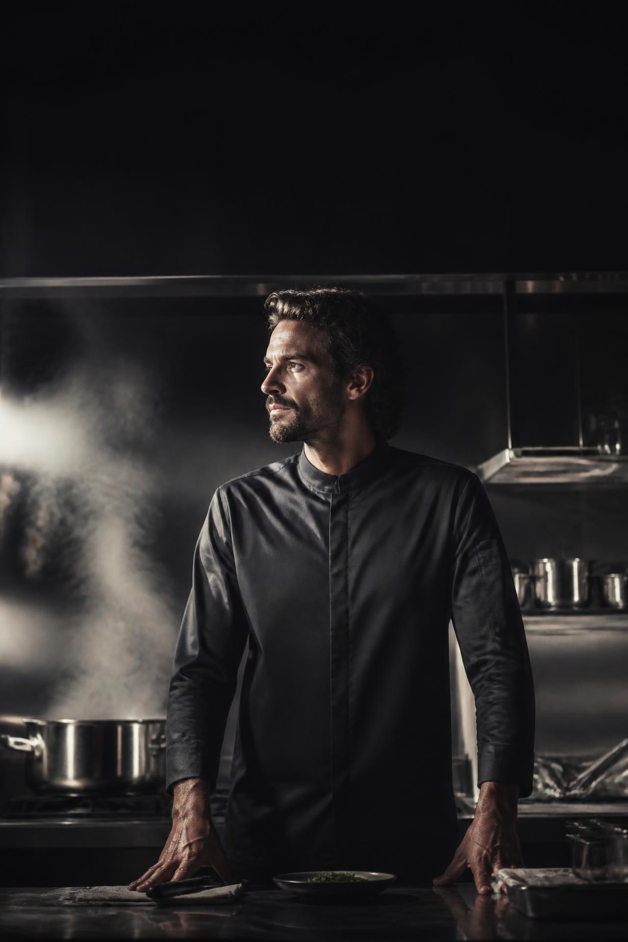 Chef wearing the SAVA performance chef jacket in a professional kitchen