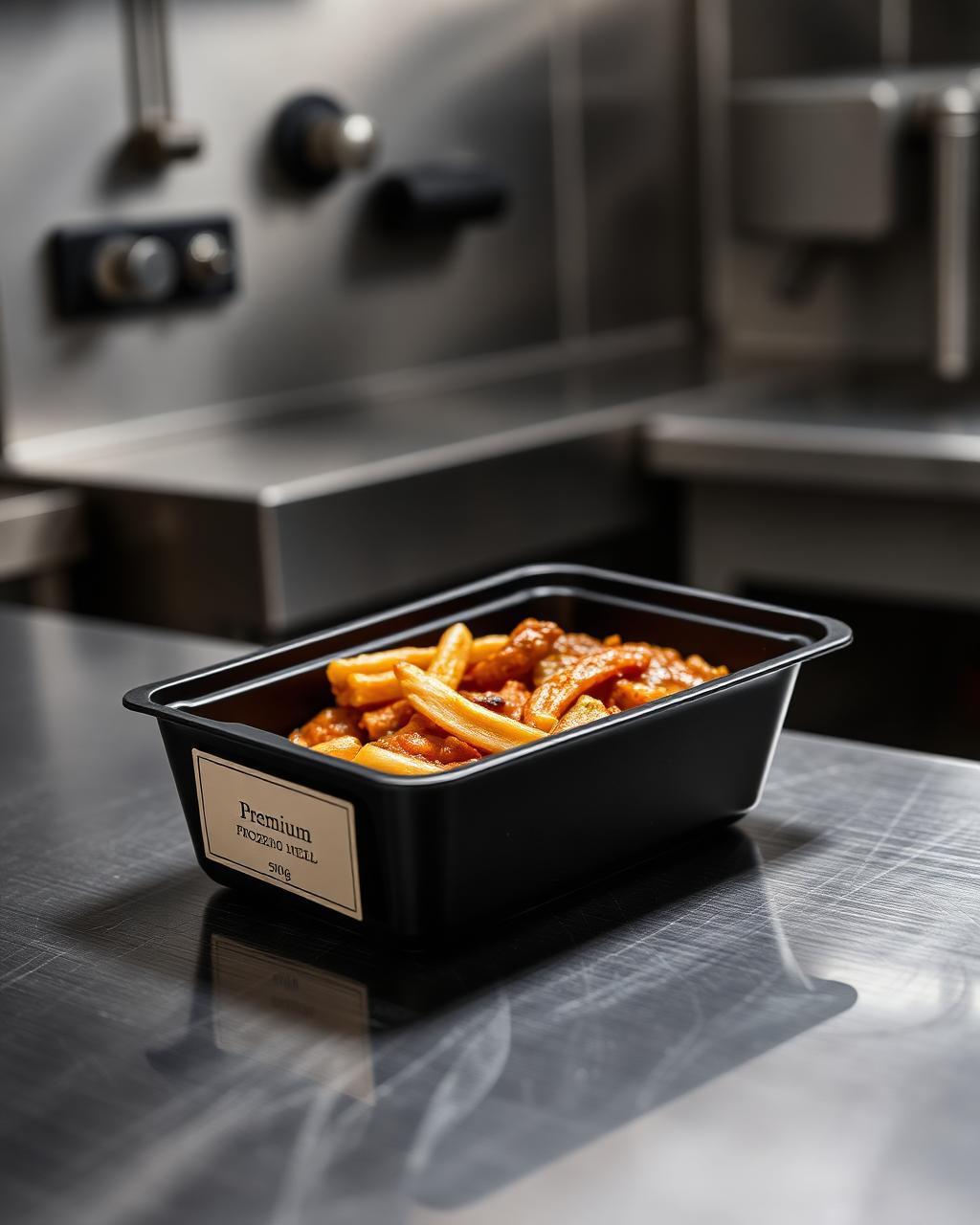 Premium individual 500 g meal tray with minimalist label on stainless steel
