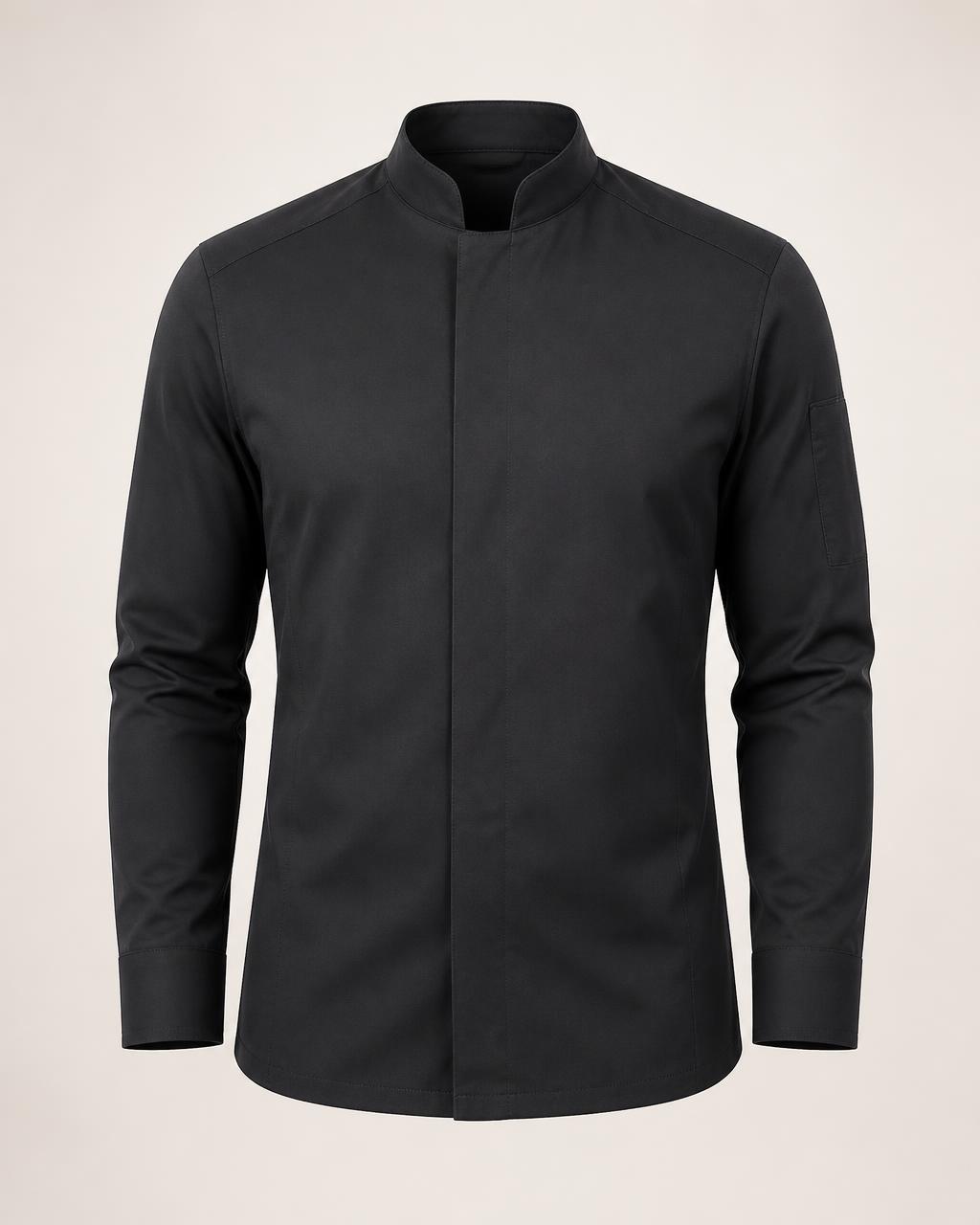 SAVA chef jacket front view — clean placket, no visible buttons