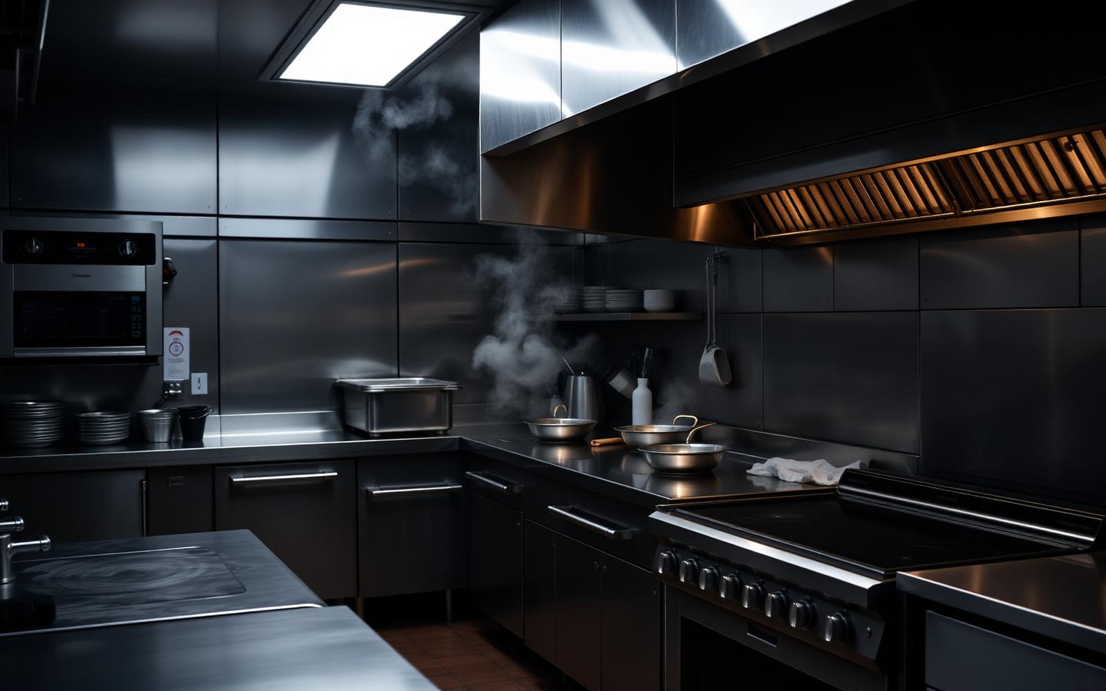 Stainless steel professional kitchen with combi oven during service