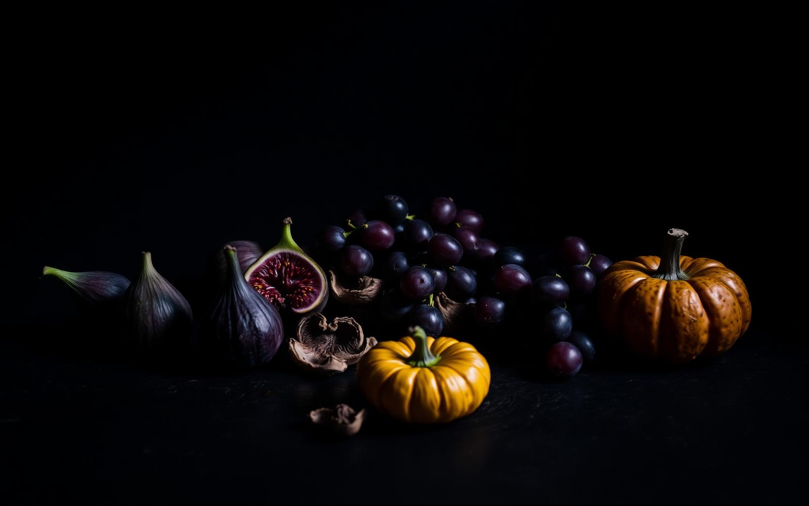 Figs, porcini, grapes and small pumpkins on a dark steel surface