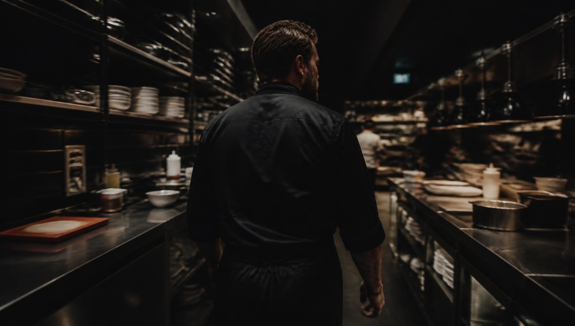 Chef Sava walking through a professional kitchen